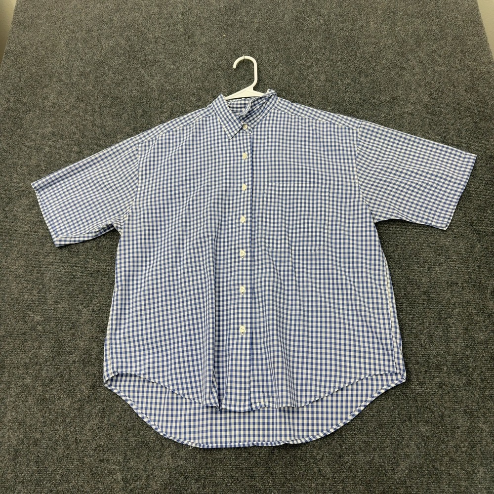 Vintage Lands End Shirt Womens 14 Blue Cotton Polyester Gingham Preppy Classic